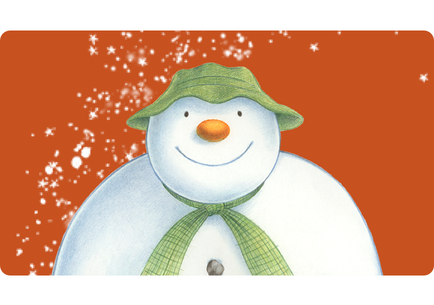 An image of The Snowman with a big smile, looking at you! on a red background with snowflake decorations.