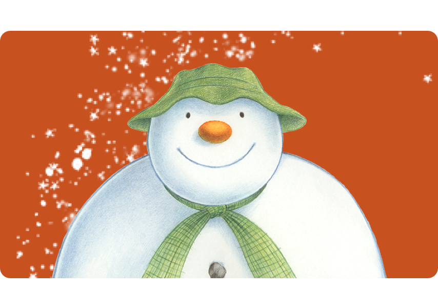 An image of The Snowman with a big smile, looking at you! on a red background with snowflake decorations.