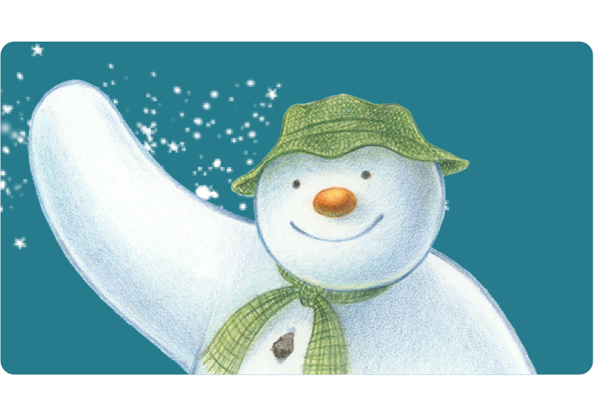 An image of The Snowman waving, on a green background with snowflake decorations.
