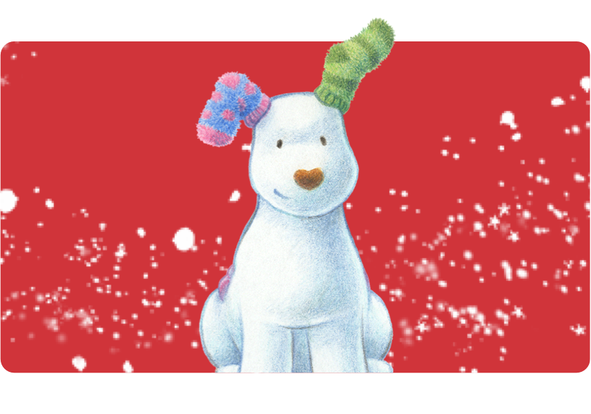An image of The Snowdog sitting down, on a red background with snowflake decorations.
