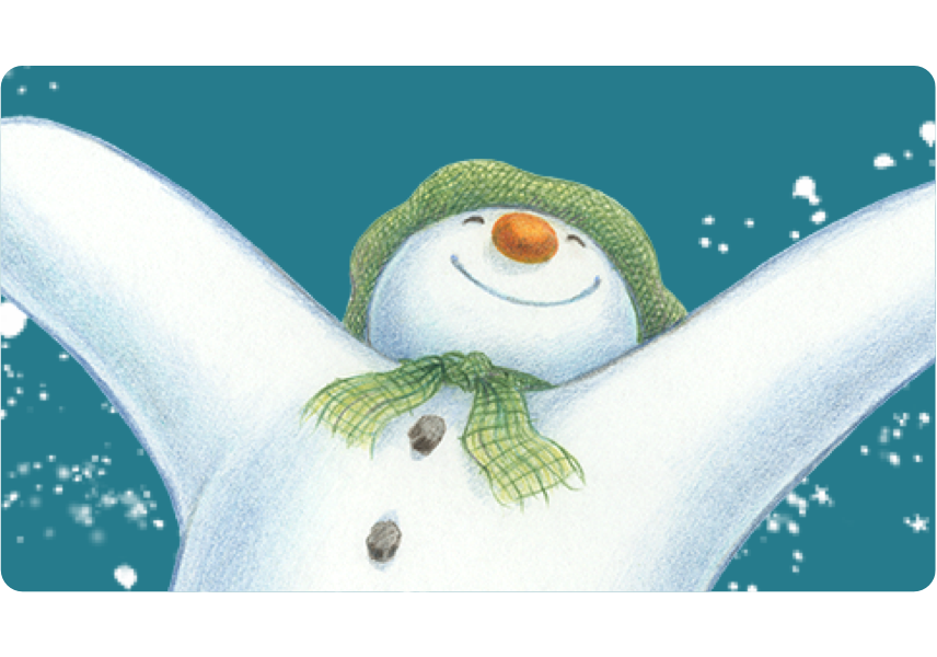 An image of The Snowman with both arms in the air in celebration, on a green background with snowflake decorations.