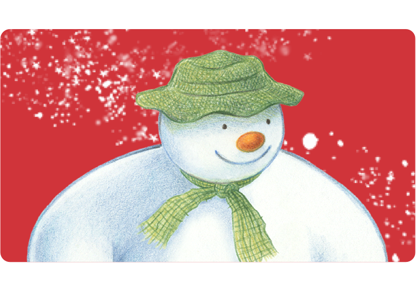 An image of The Snowman looking down and to the right, on a red background with snowflake decorations.