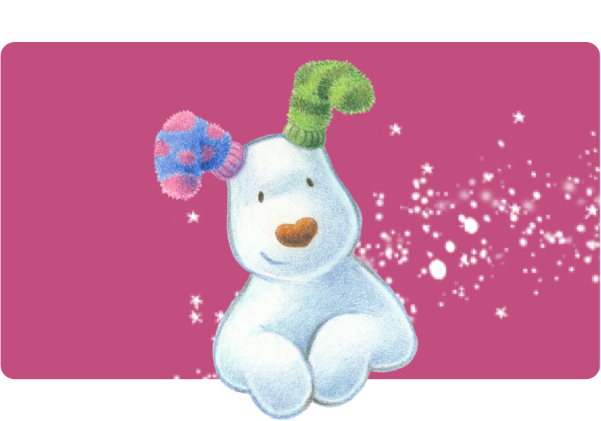 An image of The Snowdog with paws up, on a pink background with snowflake decorations.