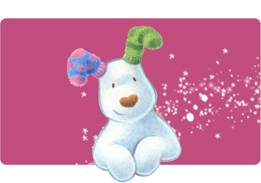 An image of The Snowdog with paws up, on a pink background with snowflake decorations.
