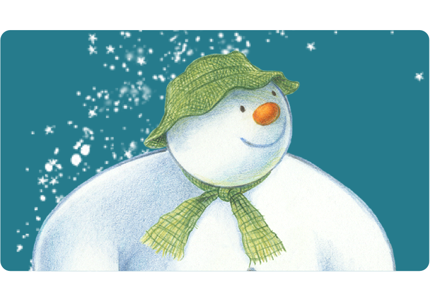 An image of The Snowman looking right, on a green background with snowflake decorations.