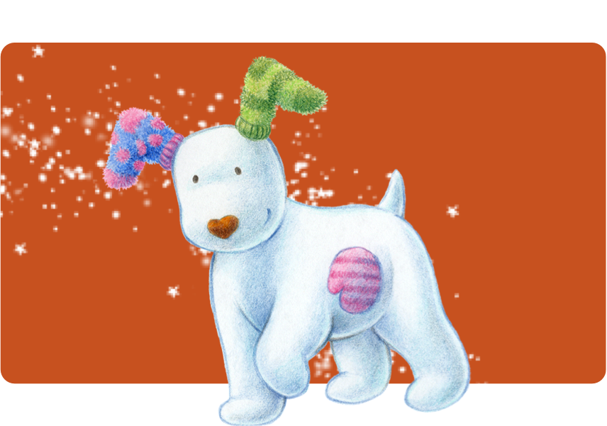 An image of The Snowdog raising his paw, on an orange background with snowflake decorations.