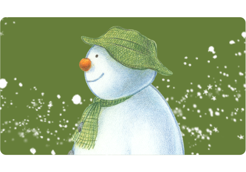 An image of The Snowman looking left, on a green background with snowflake decorations.
