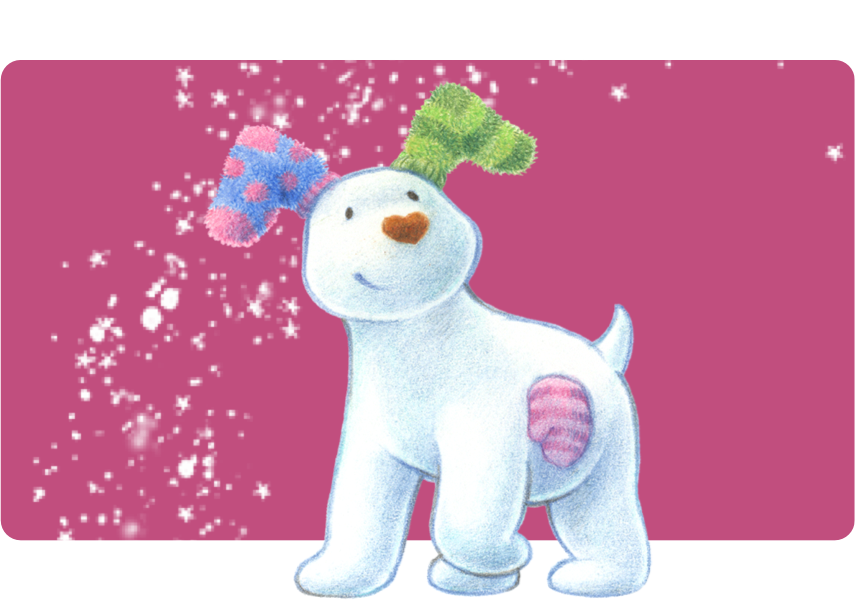 An image of The Snowdog standing on all four paws, on a pink background with snowflake decorations.