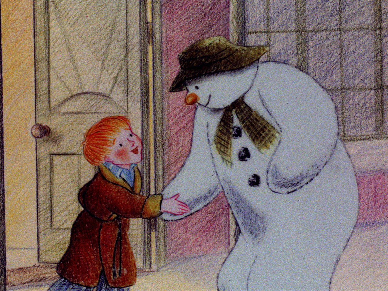An image of the Snowman and the boy shaking hands, after The Snowman film wins Best Children's Programme at the BAFTA TV Awards