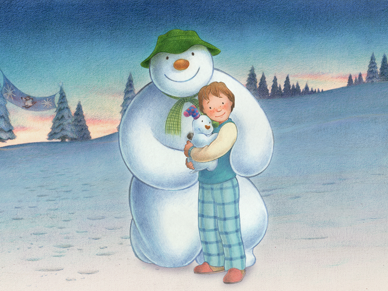 An image of the Snowman and the boy, the boy is holding the Snowdog, against a wintery landscape