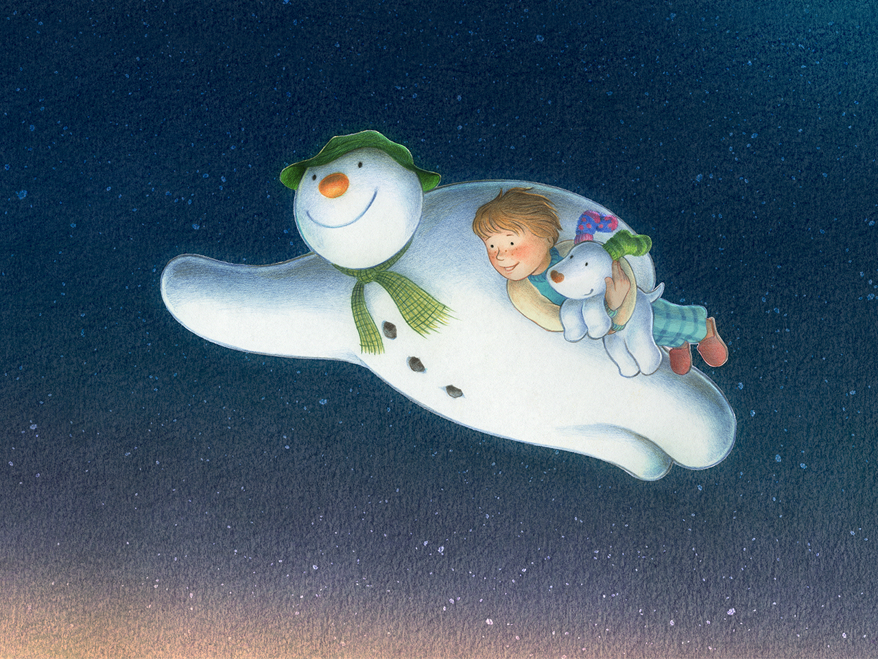 An image of The Snowman, the boy and The Snowdog, flying through the air