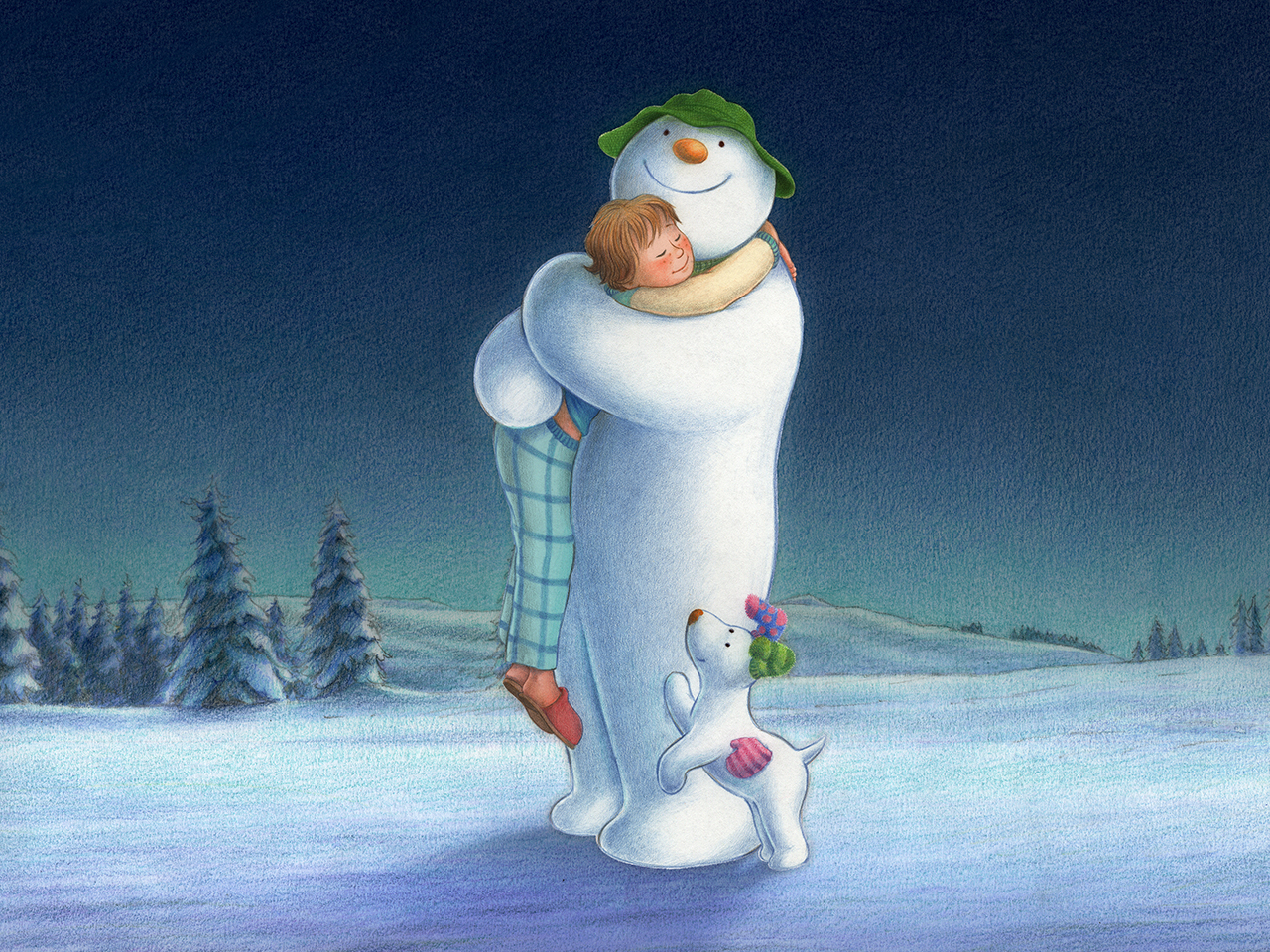 An image of The Snowman and the boy hugging after The Snowman and The Snowdog wins the Televisual Bulldog Award in the Best Children's category